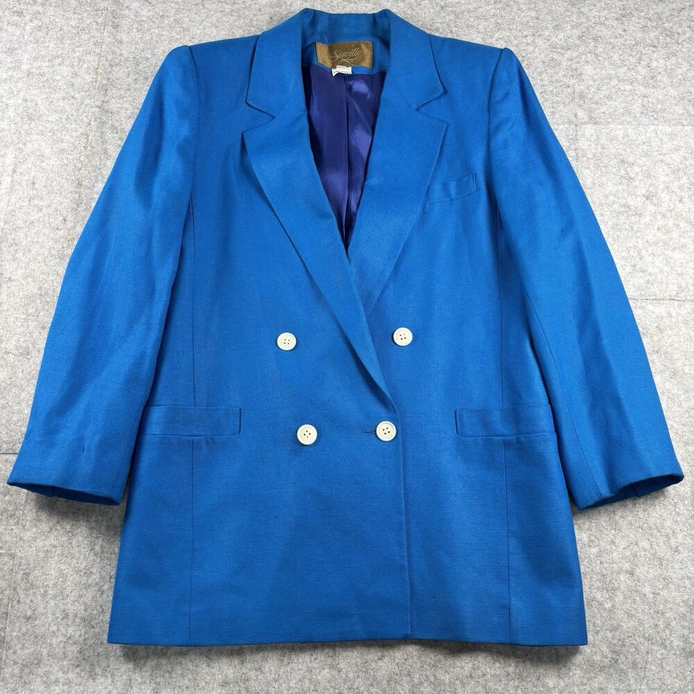 Vintage 1980s Saville Royal Blue Double-Breasted Blazer Jacket Coat Womens 6 USA